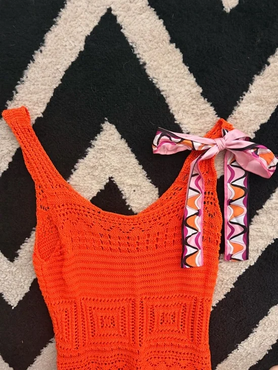 Authentic Emilio Pucci Bright Orange Sleeveless Crochet A-Line Dress - Picture 3 of 6